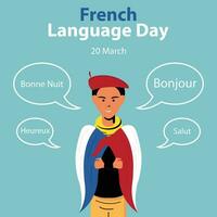 illustratie vector grafisch van een Mens draagt een Frans vlag mantel Aan zijn rug, perfect voor Internationale dag, Frans taal dag, vieren, groet kaart, enz.
