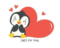 schattig pinguïn met rood hart tekenfilm tekening, kawaii Valentijn dier karakter illustratie, speels hand- getrokken feestelijk liefde grafisch. vector
