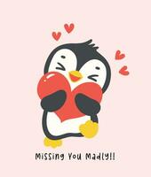 kawaii pinguïn met rood hart tekenfilm, schattig Valentijn dier karakter illustratie, speels hand- getrokken feestelijk liefde grafisch. vector