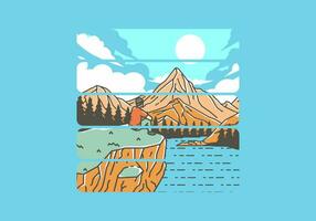 buitenshuis illustratie van een Mens zit Aan een klif met keer bekeken van meren, bossen en bergen vector