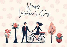 vector poster met romantisch paar en rozen. Valentijnsdag dag concept kader in vlak stijl. liefde banier of groet kaart