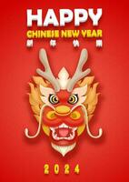 Chinese draak hoofd in tekenfilm karakter en3d vector ontwerp met formulering van Chinese nieuw jaar Aan rood achtergrond. Chinese brieven is betekenis gelukkig Chinese nieuw jaar in engels.