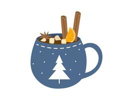 heet drinken in kop met marshmallows, kaneel en oranje. winter knus warm drinken in mok. Kerstmis vector illustratie