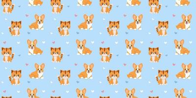 naadloos patroon schattig corgi puppy en katje Aan licht blauw achtergrond vector