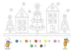kleur bladzijde met huizen en Kerstmis bomen voor kinderen. traceren contouren, kleur door nummer, handschrift oefening. stippel lijnen. vector illustratie
