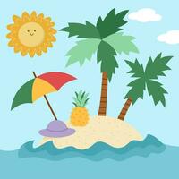 vector tropisch eiland landschap illustratie. vakantie of vakanties tafereel met onbewoond eiland, paraplu, ananas, zon, palm bomen. schattig zomer plein achtergrond. marinier afbeelding voor kinderen
