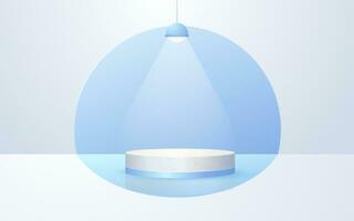 wit achtergrond 3d tafereel, pastel blauw ronde podium met hangende neon lichten perfect voor evenement Promotie kunstmatig Product presentatie mockup vector