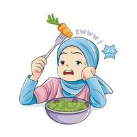 gezond voedsel. weinig meisje in hijab weigert naar eten groenten. vector illustratie