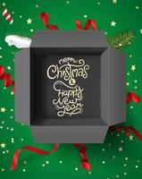 kerstbanner met geopende doos en gouden belettering inscriptie vector