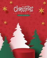 vrolijke kerstbanner met productdisplay cilindrische vorm en kerstboompapier gesneden vector