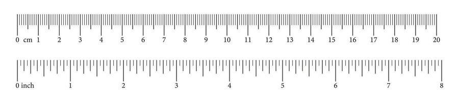 verzameling meten grafieken met 20 centimeter en 8 duim. reeks van Sjablonen heersers schaal met nummers. lengte meting wiskunde, afstand, hoogte. naaien hulpmiddel. vector vlak illustratie. eps.