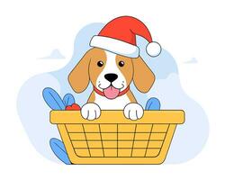 schattig puppy in een de kerstman claus hoed zit in een mand. tekenfilm stijl vector illustratie.