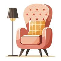 leven kamer modern interieur reeks met modieus Scandinavisch fauteuil. vector vlak stijl verzameling van meubilair voor huis geïsoleerd Aan wit achtergrond. comfortabel roze fauteuil, verdieping lamp.