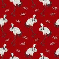 naadloos patroon, wit vliegend kranen, ooievaars Aan een rood achtergrond. abstract achtergrond, textiel, behang, vector