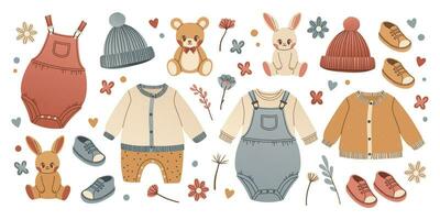 baby speelgoed en kleren reeks in hand- getrokken stijl. konijn en teddy beer voor babyshower. hemd, schort, trui, bodysuit voor zuigeling jongen of meisje. kalmte kleuren. vector illustratie