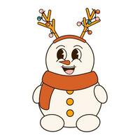 groovy jaren 70 Kerstmis sticker. tekenfilm karakter in modieus retro stijl, grappig mascotte. schattig Kerstmis sneeuwman vector