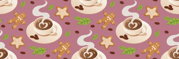 kop van koffie en koekjes naadloos patroon. knus winter koffie partijen. Kerstmis illustratie. achtergrond voor koffie winkels menu's ansichtkaarten zakelijke identiteit omhulsel papier. vlak vector illustratie.