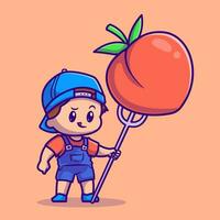 schattig jongen met perzik fruit tekenfilm vector icoon illustratie. mensen fruit icoon concept geïsoleerd premie vector. vlak tekenfilm stijl