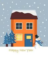 helder zoet huis op kerstkaart. winterlandschap met sneeuwvlokken, sparren en sneeuwpop. gelukkig nieuwjaar groet briefkaart vector