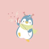 schattig en lief pinguïn met partij pop, voetzoeker en confetti, gelukkig Valentijnsdag dag, liefde concept, vlak vector illustratie tekenfilm karakter kostuum ontwerp