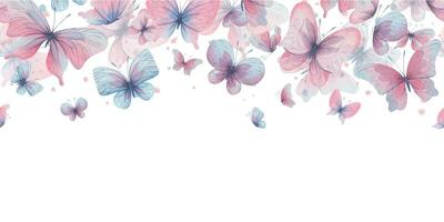 vlinders zijn roze, blauw, lila, vliegen, delicaat met Vleugels en spatten van verf. hand- getrokken waterverf illustratie. kader, sjabloon, krans Aan een wit achtergrond, voor ontwerp vector
