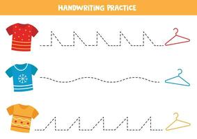 traceren lijnen voor kinderen. schattig kleurrijk t overhemden en hangers. handschrift oefening. vector