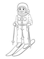 kleur bladzijde. kleur afbeelding van tekenfilm skiër, jongen ski. kinderachtig ontwerp voor kinderen werkzaamheid kleuren boek over winter sport. vector