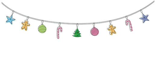winter tekening slinger met Kerstmis boom, peperkoek Mens, ballen, snoep riet. vector illustratie van Kerstmis nieuw jaar feestelijk achtergrond
