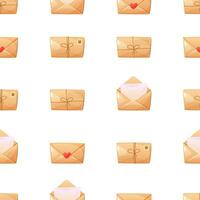 naadloos patroon van enveloppen met liefde brieven en harten. een Gesloten envelop, een Open envelop met een brief, een envelop gebonden met touw. vector illustratie voor Valentijnsdag dag, liefde dag, bruiloft