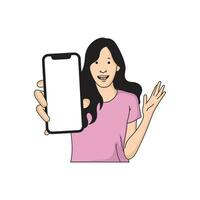 een vrouw met lang haar- is tonen iets Aan haar mobiele telefoon vector