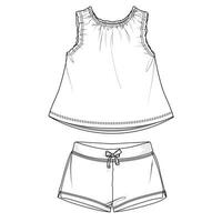 baby meisjes tops blouse jurk en shorts technisch tekening mode vlak schetsen vector illustratie sjabloon