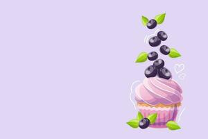 bosbes muffin in tekenfilm stijl Aan Purper achtergrond. tekening. vector illustratie voor poster, banier, website, advertentie. vector illustratie met kleurrijk zoet nagerecht.