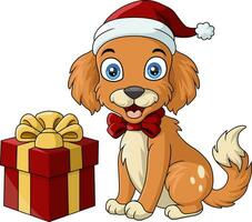 schattig weinig hond tekenfilm vervelend de kerstman hoed en boog vector