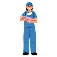 een verloskundige of een dokter met een pasgeboren. een vrouw verpleegster, dokter of verloskundige glimlacht in een blauw uniform, staand hoog, Holding een pasgeboren meisje in haar armen in een moederschap ziekenhuis vector illustratie. baby