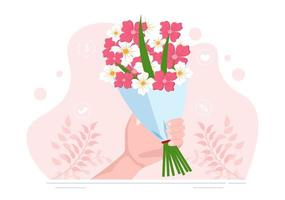 bloemenbezorgservice online bedrijf met koerier die een boeket bloemen vasthoudt met behulp van vrachtwagens, auto's of motorfietsen. achtergrond vectorillustratie vector