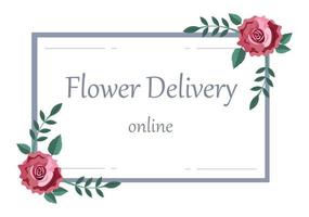 bloemenbezorgservice online bedrijf met koerier die een boeket bloemen vasthoudt met behulp van vrachtwagens, auto's of motorfietsen. achtergrond vectorillustratie vector