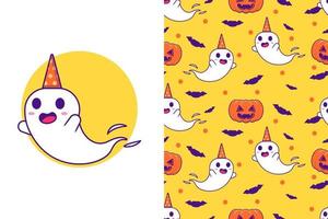 schattig spook met pompoen happy halloween met naadloos patroon vector