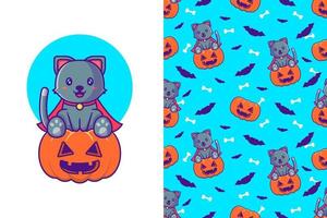 schattige zwarte kat met pompoen happy halloween met naadloos patroon vector