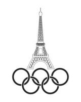 olympisch spellen 2024. eiffel toren met olympisch ringen. zwart symbool Aan wit achtergrond, vector