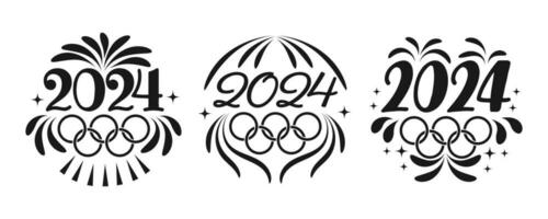 olympisch spellen 2024 reeks van ronde pictogrammen. zwart belettering 2024 met olympisch ringen. vector