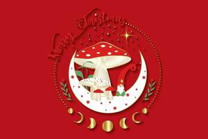 magie gnoom in de mystiek bossen van champignons Aan halve maan maan en sterren. Kerstmis concept symbool, witchy esoterisch schimmel en maan fasen. magisch tuin trol fee verhaal karakter. vector geïsoleerd