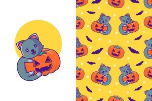 schattige zwarte kat met pompoen happy halloween met naadloos patroon vector