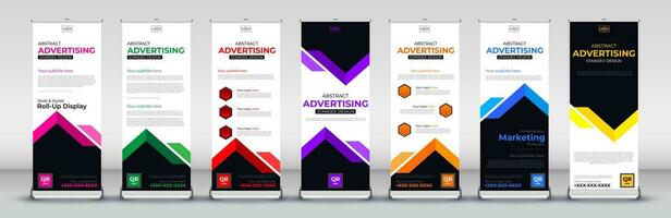 bedrijf rollen omhoog banier ontwerp voor bedrijf evenementen, jaar- vergaderingen, presentaties, marketing, promoties, met roze, groente, rood, Purper, oranje, blauw en geel afdrukken klaar kleuren vector