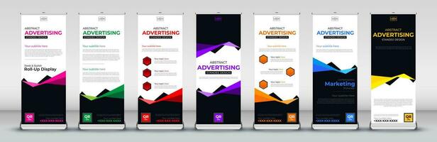 bedrijf rollen omhoog banier ontwerp voor bedrijf evenementen, jaar- vergaderingen, presentaties, marketing, promoties, met roze, groente, rood, Purper, oranje, blauw en geel afdrukken klaar kleuren vector