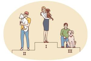 mensen met honden staand Aan voetstuk deelnemen in wedstrijd. huisdier eigenaren met dieren na wedstrijd nemen plaatsen Aan stellage. vector illustratie.