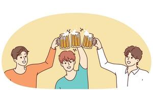 glimlachen jong mannen gerinkel bril drinken bier samen. gelukkig jongens proost genieten partij hebben plezier. vriendschap concept. vector illustratie.