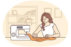 gelukkig jong vrouw zitten Bij tafel naaien Aan machine Bij huis. glimlachen vrouw naaister of naaister werken creëren kleren. hobby concept. vector illustratie.