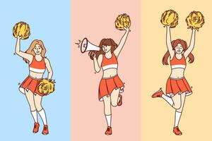 meisjes cheerleaders springen en Golf pompons in armen ondersteunen fans van sport- Amerikaans voetbal team. vrouw cheerleaders met megafoon in rokken en tops uitvoeren voordat begin van basketbal toernooi vector