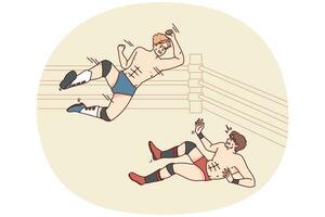 agressief mannen vechten Aan mma ring. boos actief atleten of sporters hebben Nee reglement strijd of strijd. vector illustratie.