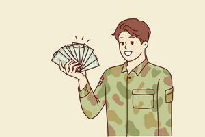 Mens in leger uniform houdt geld, roeping naar worden soldaat van leger voor groot inkomen of voorkeuren. werknemer van privaat leger bedrijf in camouflage kleren pronkt van hoog salaris vector